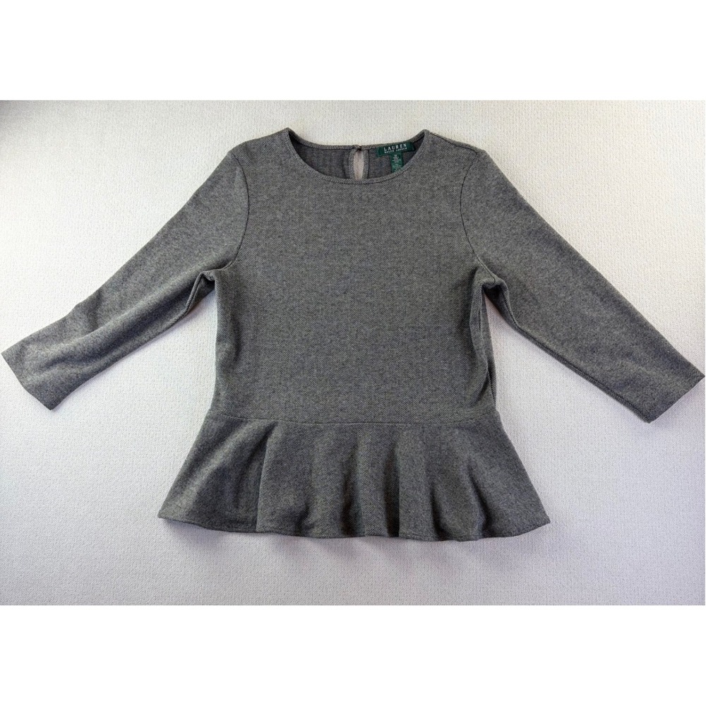 Lauren Ralph Lauren Grey Herringbone Peplum Top 3/4 Sleeve Size M career office